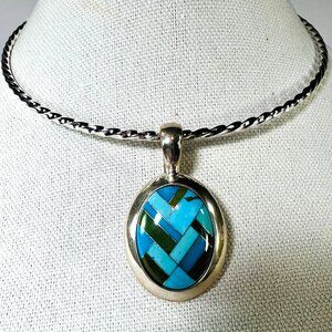 Carolyn Pollack 925 Pendant Turquoise Malachite Inlay Silver Plated Choker READ